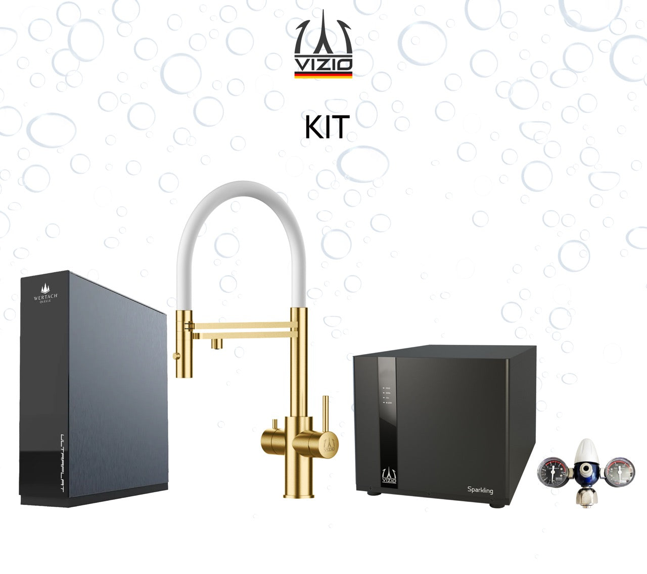 Komplette Anlage: Sprudelanlage + 5 Wege Wasserhahn Küchenarmatur, Edelstahl Massiv mit 360° schwenkbarem Auslauf und abnehmbare 2 strahl Handbrause, Satin Gold PVD + CO2 Druckminderer + ULTRAFLAT Umkehrosmose Untertisch System
