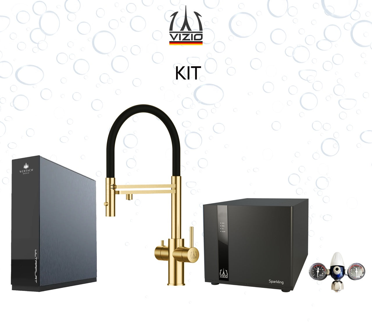Komplette Anlage: Sprudelanlage + 5 Wege Wasserhahn Küchenarmatur, Edelstahl Massiv mit 360° schwenkbarem Auslauf und abnehmbare 2 strahl Handbrause, Satin Gold PVD + CO2 Druckminderer + ULTRAFLAT Umkehrosmose Untertisch System