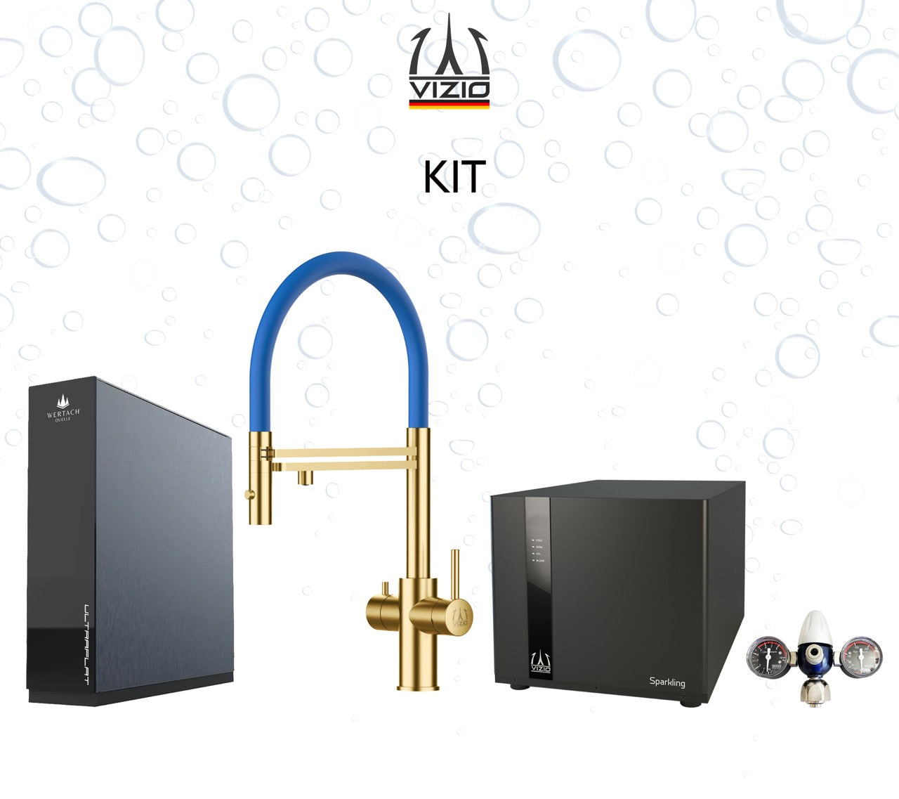 Komplette Anlage: Sprudelanlage + 5 Wege Wasserhahn Küchenarmatur, Edelstahl Massiv mit 360° schwenkbarem Auslauf und abnehmbare 2 strahl Handbrause, Satin Gold PVD + CO2 Druckminderer + ULTRAFLAT Umkehrosmose Untertisch System