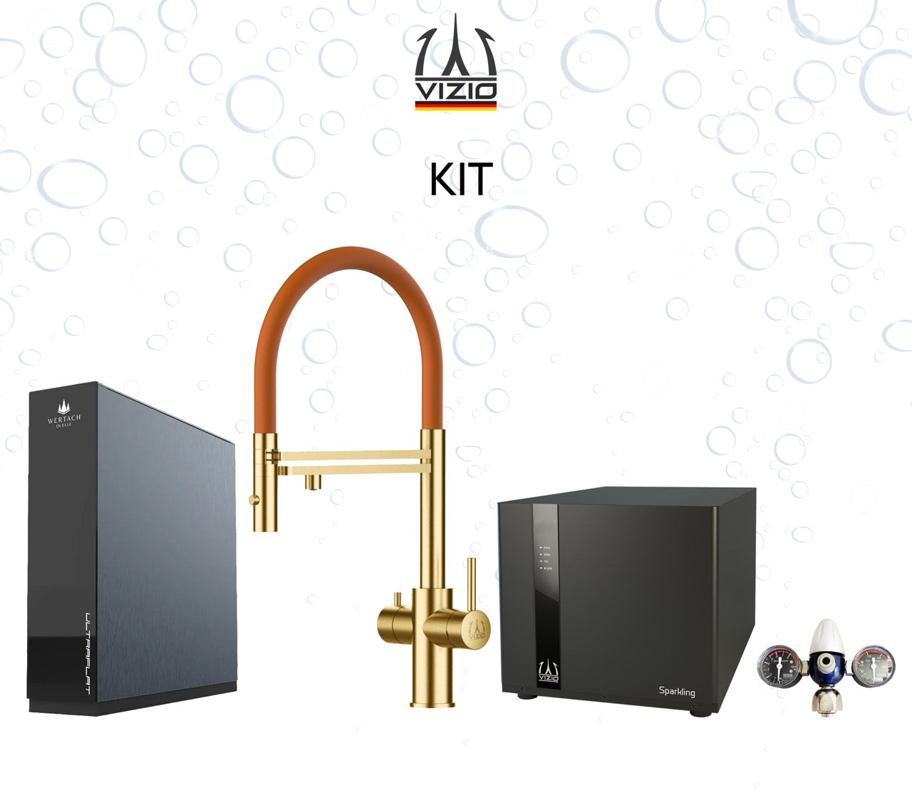 Komplette Anlage: Sprudelanlage + 5 Wege Wasserhahn Küchenarmatur, Edelstahl Massiv mit 360° schwenkbarem Auslauf und abnehmbare 2 strahl Handbrause, Satin Gold PVD + CO2 Druckminderer + ULTRAFLAT Umkehrosmose Untertisch System