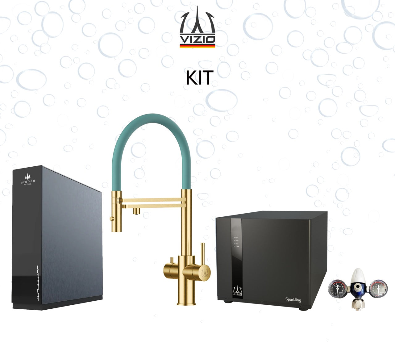 Komplette Anlage: Sprudelanlage + 5 Wege Wasserhahn Küchenarmatur, Edelstahl Massiv mit 360° schwenkbarem Auslauf und abnehmbare 2 strahl Handbrause, Satin Gold PVD + CO2 Druckminderer + ULTRAFLAT Umkehrosmose Untertisch System