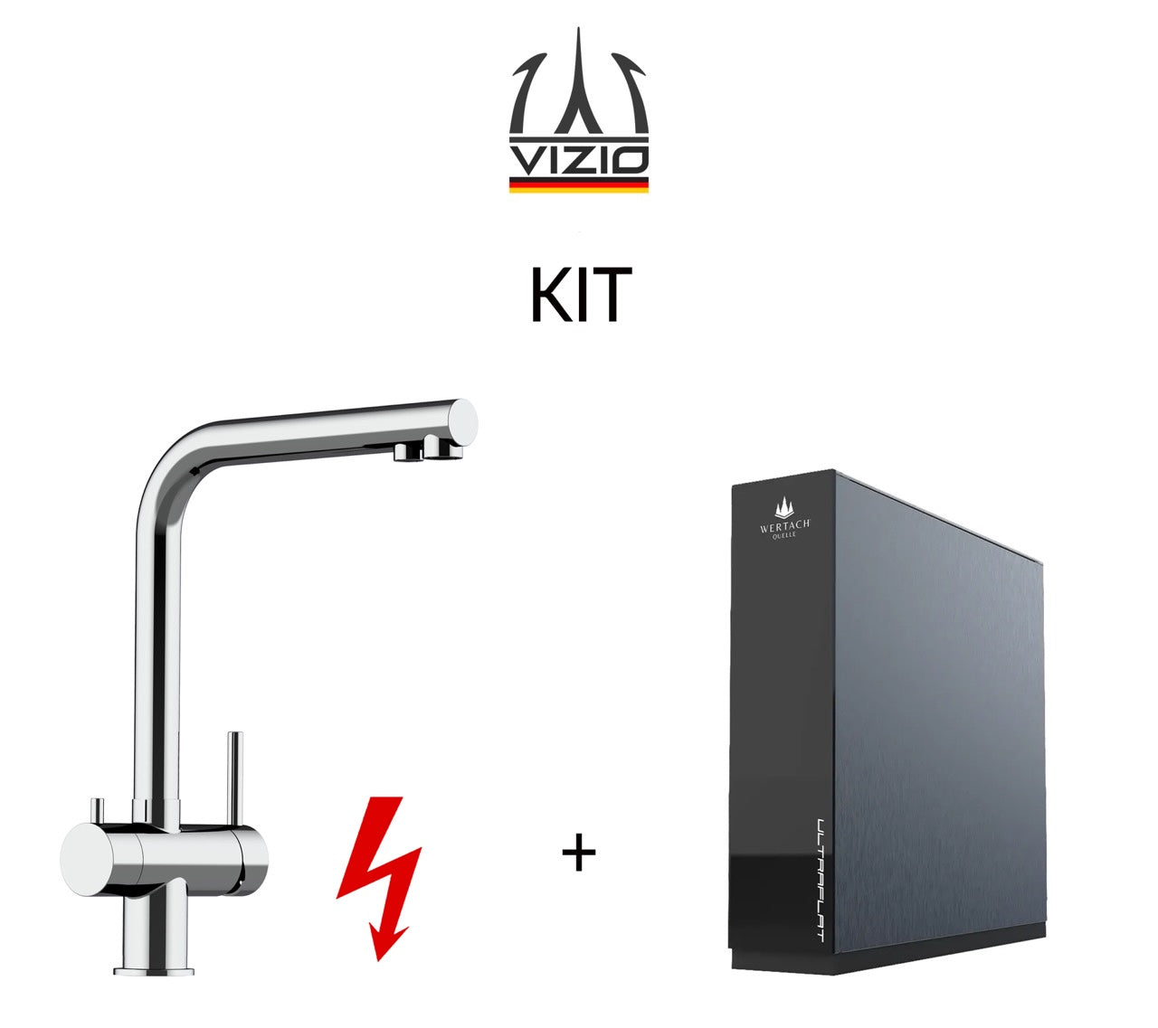 KIT: ULTRAFLAT Umkehrosmose Untertisch System, Wertach und NIEDERDRUCK 3 Wege Wasserhahn Küchenarmatur, Edelstahl Massiv, 360° schwenkbarem L-Auslauf, Hochglanz Poliert