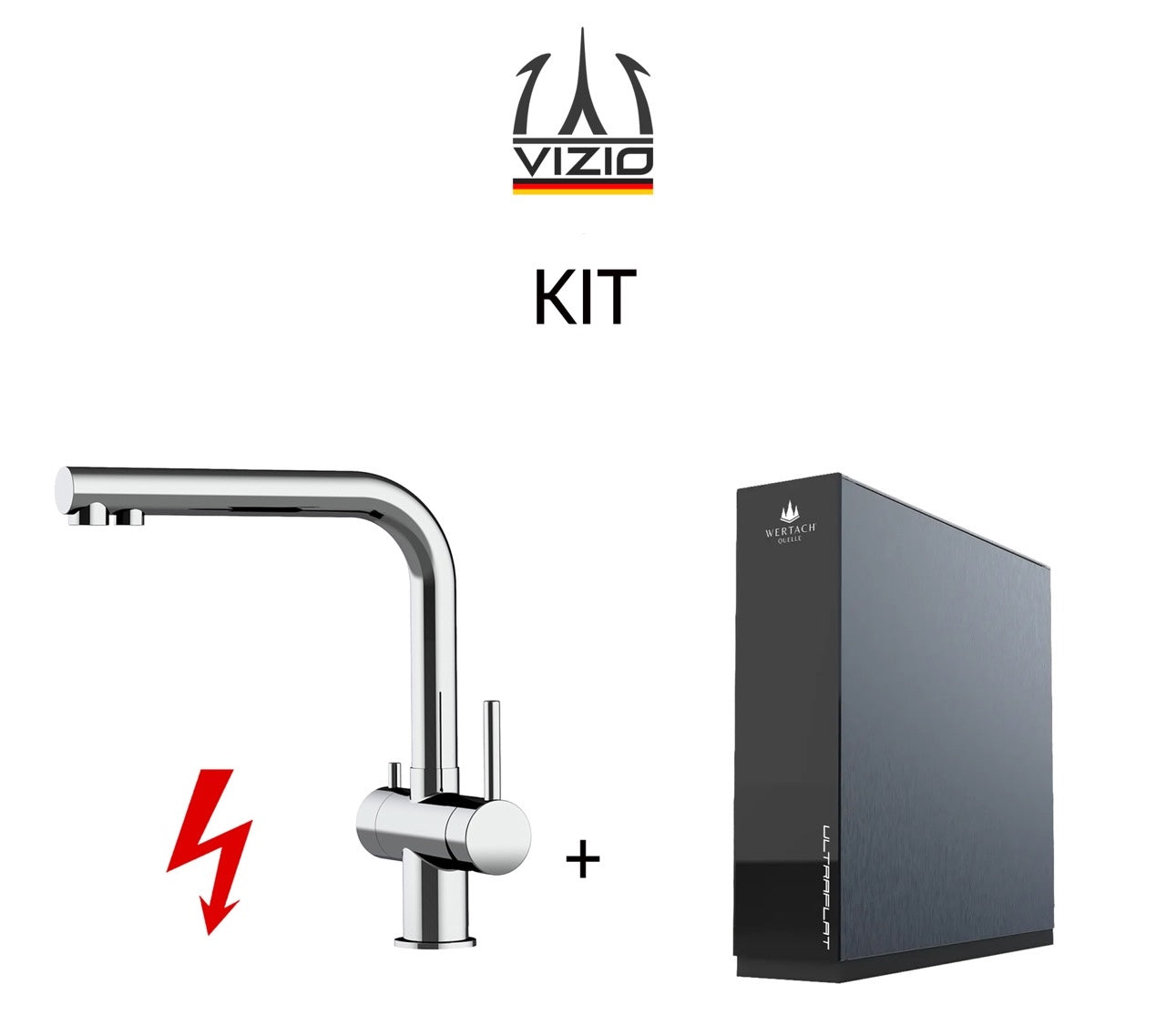 KIT: ULTRAFLAT Umkehrosmose Untertisch System, Wertach und NIEDERDRUCK 3 Wege Wasserhahn Küchenarmatur, Edelstahl Massiv, 360° schwenkbarem L-Auslauf, Hochglanz Poliert - Kurzversion