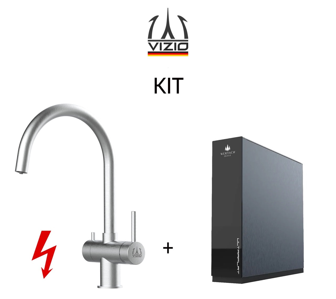 KIT: ULTRAFLAT Umkehrosmose Untertisch System, Wertach und NIEDERDRUCK 3 Wege Wasserhahn Küchenarmatur, Edelstahl Massiv, 360° schwenkbarem U-Auslauf, Gebürstet