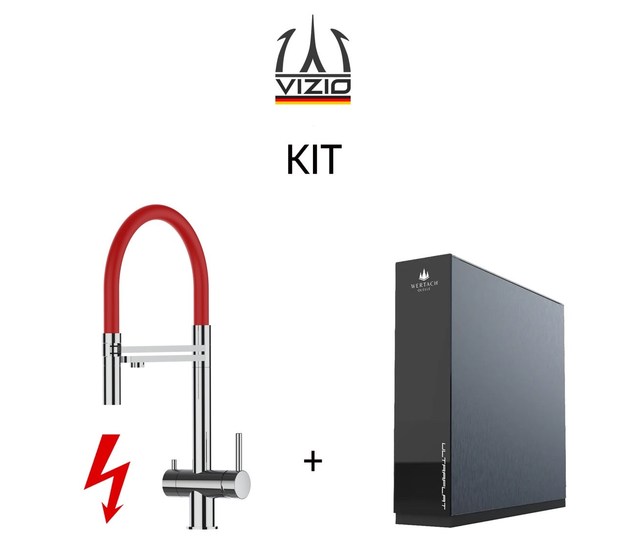 KIT: ULTRAFLAT Umkehrosmose Untertisch System, Wertach und NIEDERDRUCK 3 Wege Wasserhahn Küchenarmatur, Edelstahl Massiv mit 360° schwenkbarem Auslauf, abnehmbare 2 strahl Handbrause, Hochglanz
