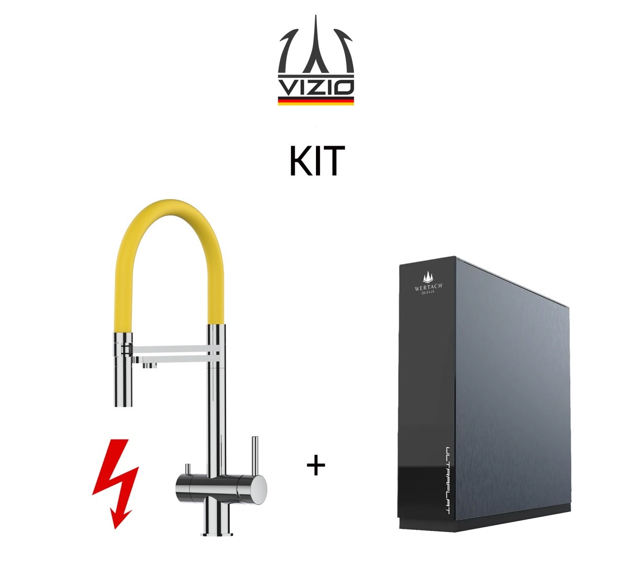 KIT: ULTRAFLAT Umkehrosmose Untertisch System, Wertach und NIEDERDRUCK 3 Wege Wasserhahn Küchenarmatur, Edelstahl Massiv mit 360° schwenkbarem Auslauf, abnehmbare 2 strahl Handbrause, Hochglanz