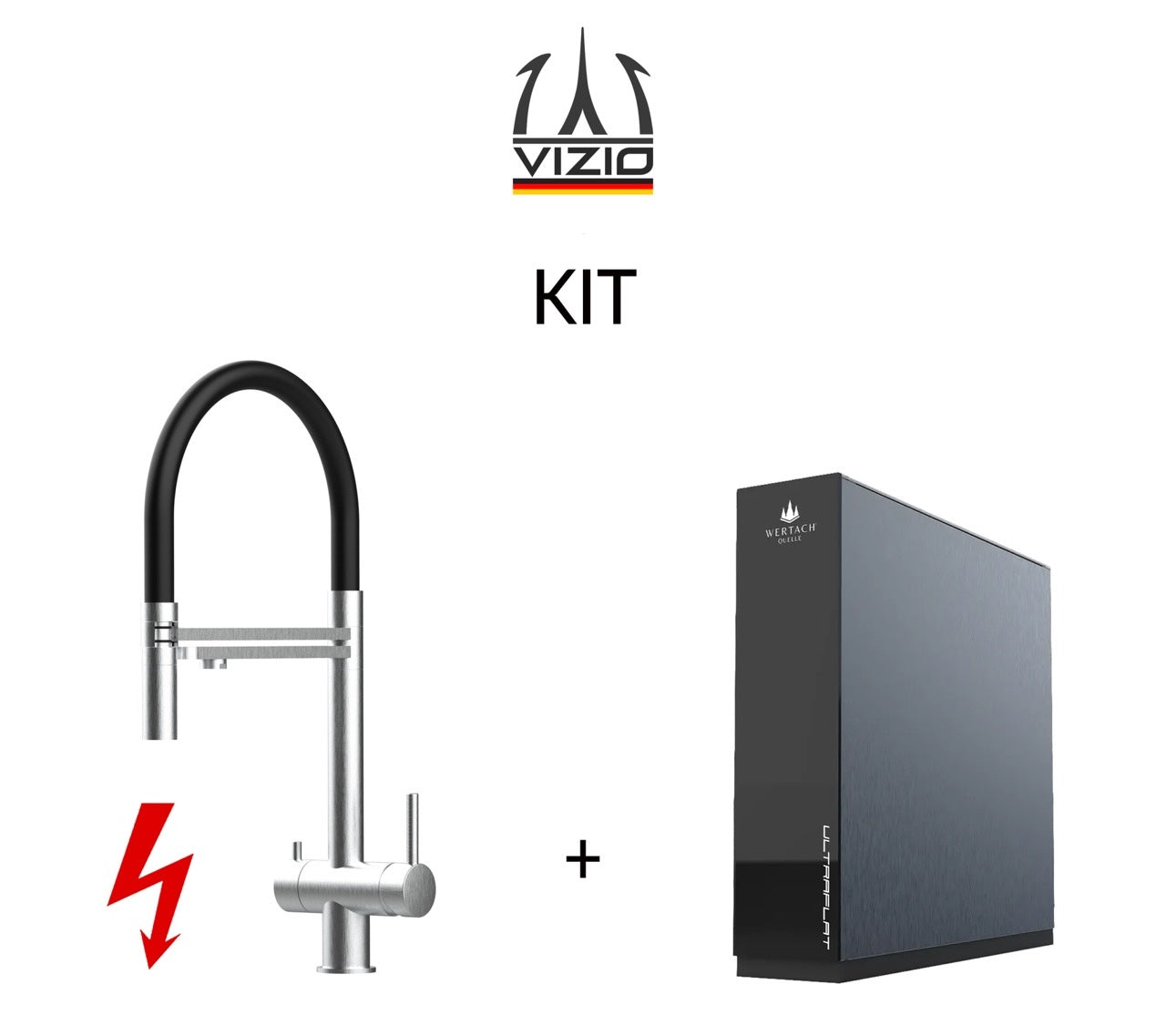 KIT: ULTRAFLAT Umkehrosmose Untertisch System, Wertach und NIEDERDRUCK 3 Wege Wasserhahn Küchenarmatur, Edelstahl Massiv mit 360° schwenkbarem Auslauf, abnehmbare 2 strahl Handbrause, Gebürstet
