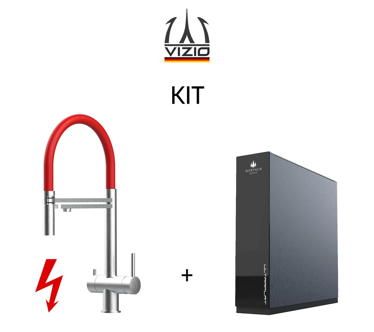 KIT: ULTRAFLAT Umkehrosmose Untertisch System, Wertach und NIEDERDRUCK 3 Wege Wasserhahn Küchenarmatur, Edelstahl Massiv mit 360° schwenkbarem Auslauf, abnehmbare 2 strahl Handbrause, Gebürstet