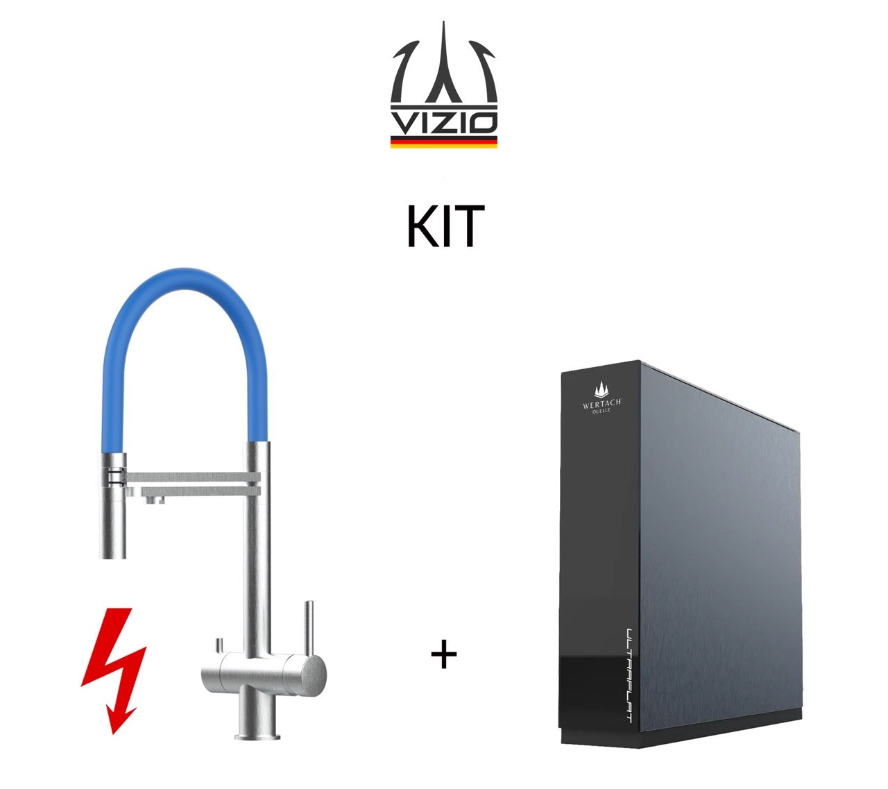 KIT: ULTRAFLAT Umkehrosmose Untertisch System, Wertach und NIEDERDRUCK 3 Wege Wasserhahn Küchenarmatur, Edelstahl Massiv mit 360° schwenkbarem Auslauf, abnehmbare 2 strahl Handbrause, Gebürstet