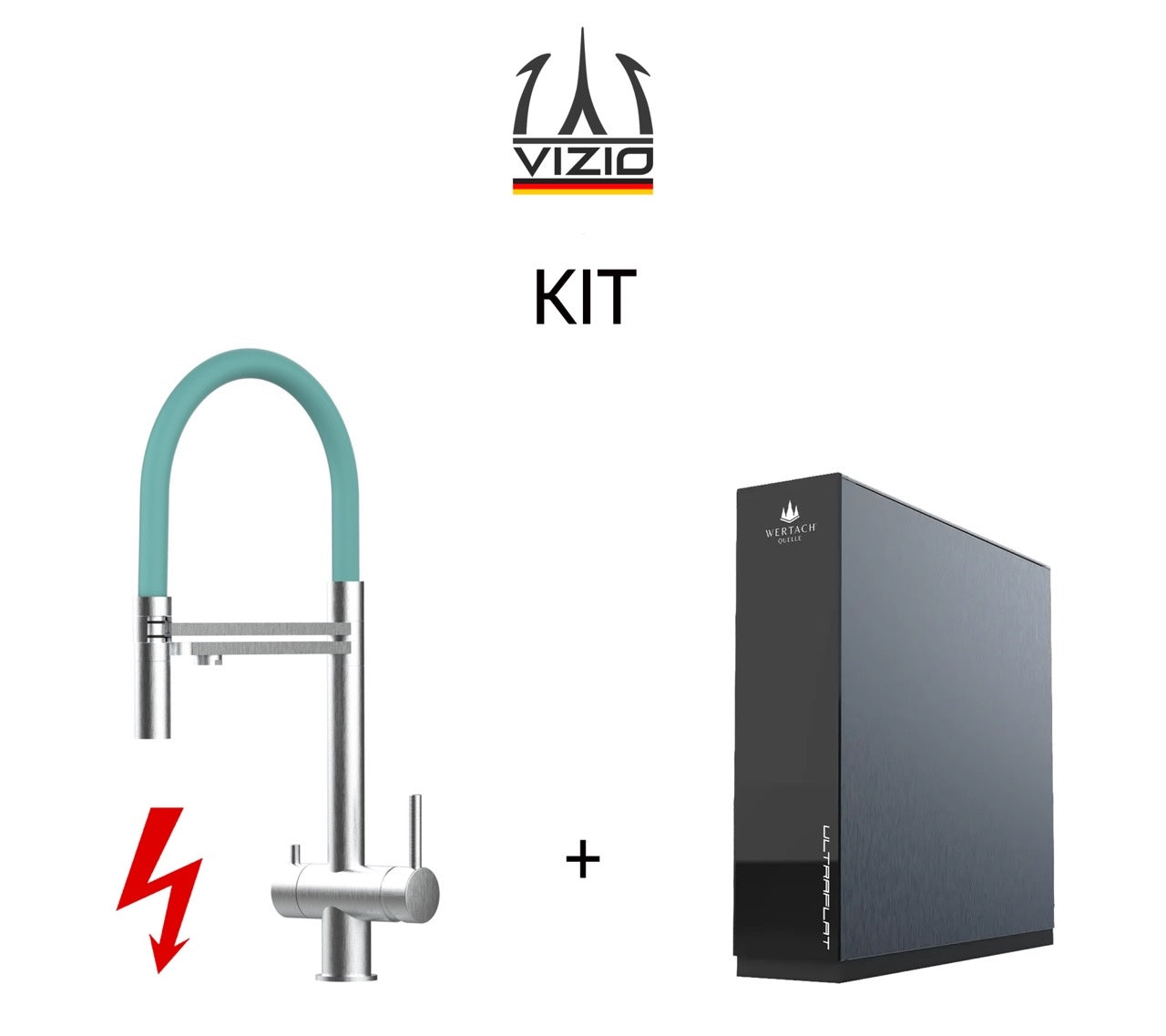 KIT: ULTRAFLAT Umkehrosmose Untertisch System, Wertach und NIEDERDRUCK 3 Wege Wasserhahn Küchenarmatur, Edelstahl Massiv mit 360° schwenkbarem Auslauf, abnehmbare 2 strahl Handbrause, Gebürstet