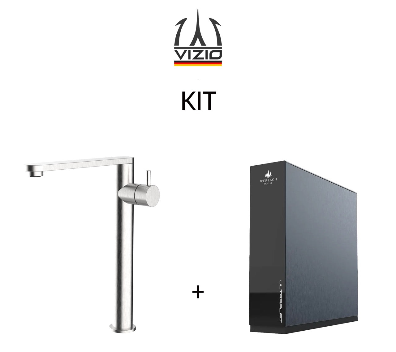 KIT: ULTRAFLAT Sistema ad osmosi inversa sottolavello, Wertach + Rubinetto cucina 3 VIE per acqua potabile in ACCIAIO INOX, canna girevole 360°, Acciaio Spazzolato