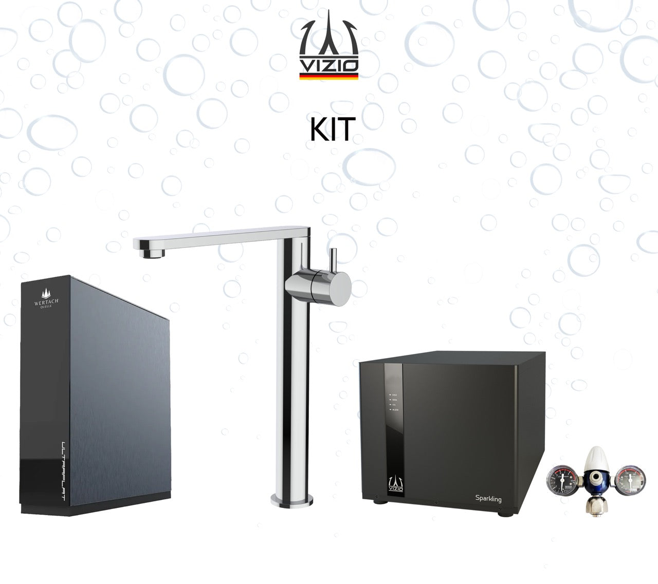 KIT COMPLETO: SPARKLING Enfriador Gasificador Agua + Grifo de Cocina 3 Vías para agua potable in Acero Inoxidable Macizo, con caño giratorio 360°, Acero Pulido + Sistema de ósmosis inversa ULTRAFLAT + Reductor de presión de CO2