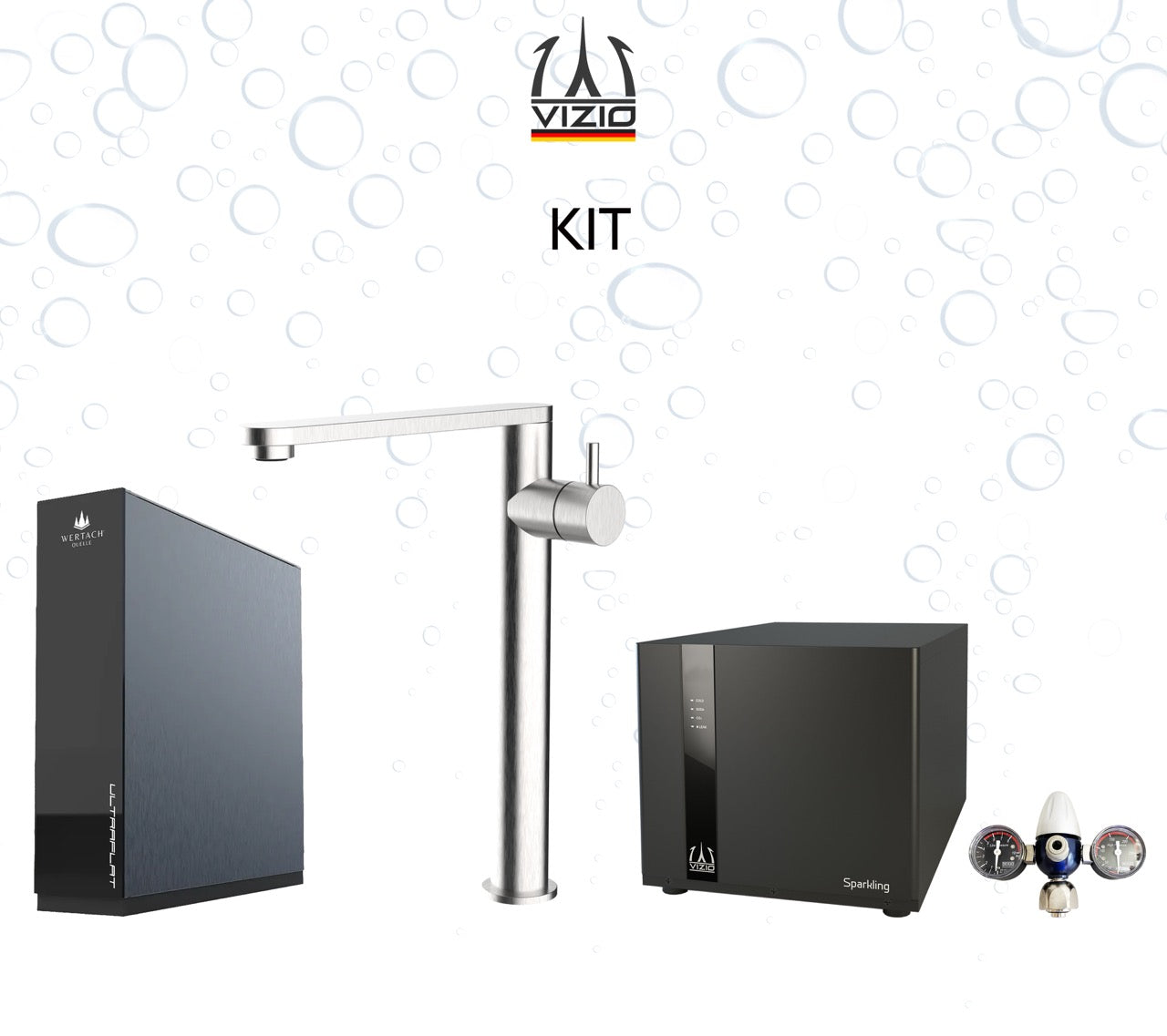 KIT COMPLETO: SPARKLING Enfriador Gasificador Agua + Grifo de Cocina 3 Vías para agua potable in Acero Inoxidable Macizo, con caño giratorio 360°, Acero Cepillado + Sistema de ósmosis inversa ULTRAFLAT + Reductor de presión de CO2