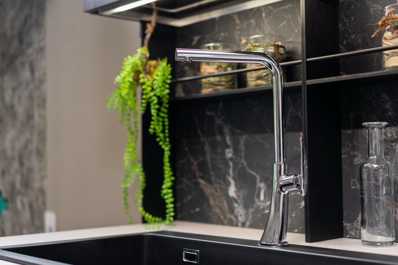 Rubinetto cucina monocomando, LEAF, canna a L girevole a 360°, Cromato