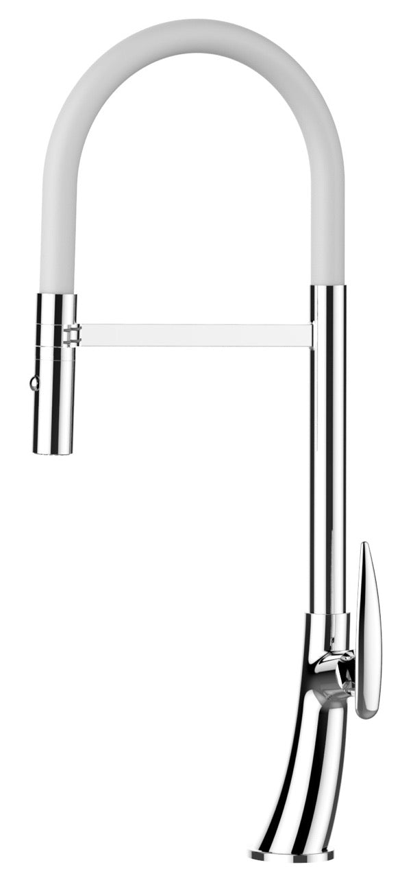 Kitchen Tap, Single lever, LEAF, with 360° swivel spout and 2-jets removable Spray, Chrome / White