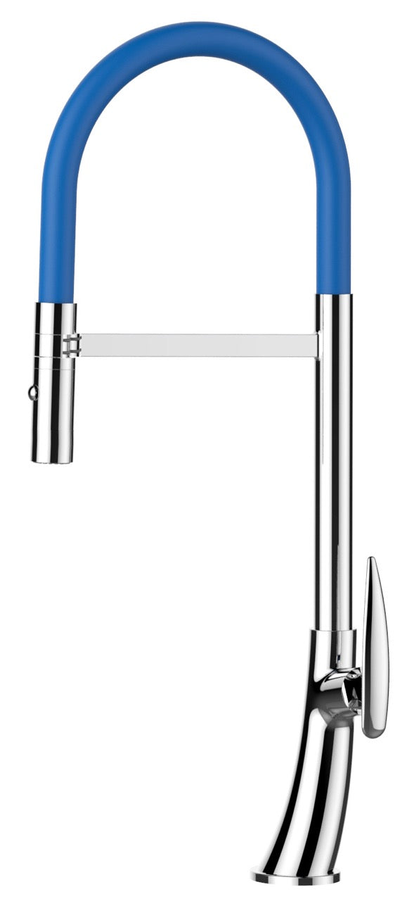 Kitchen Tap, Single lever, LEAF, with 360° swivel spout and 2-jets removable Spray, Chrome / Blue