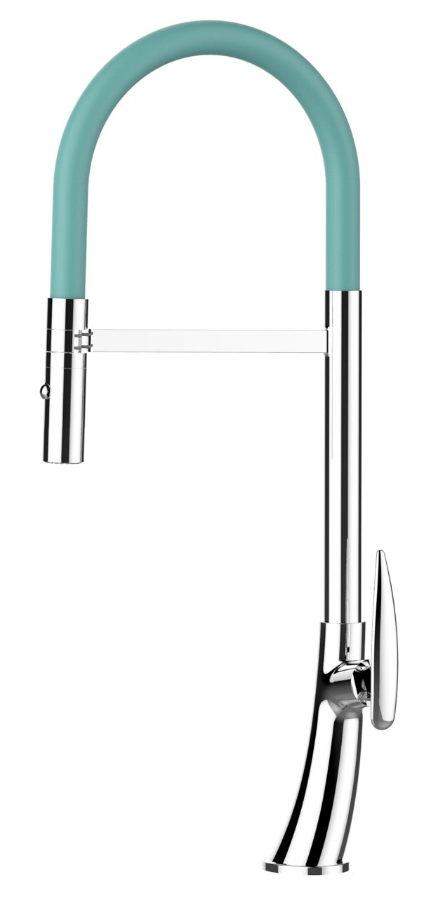 Kitchen Tap, Single lever, LEAF, with 360° swivel spout and 2-jets removable Spray, Chrome / Turquoise