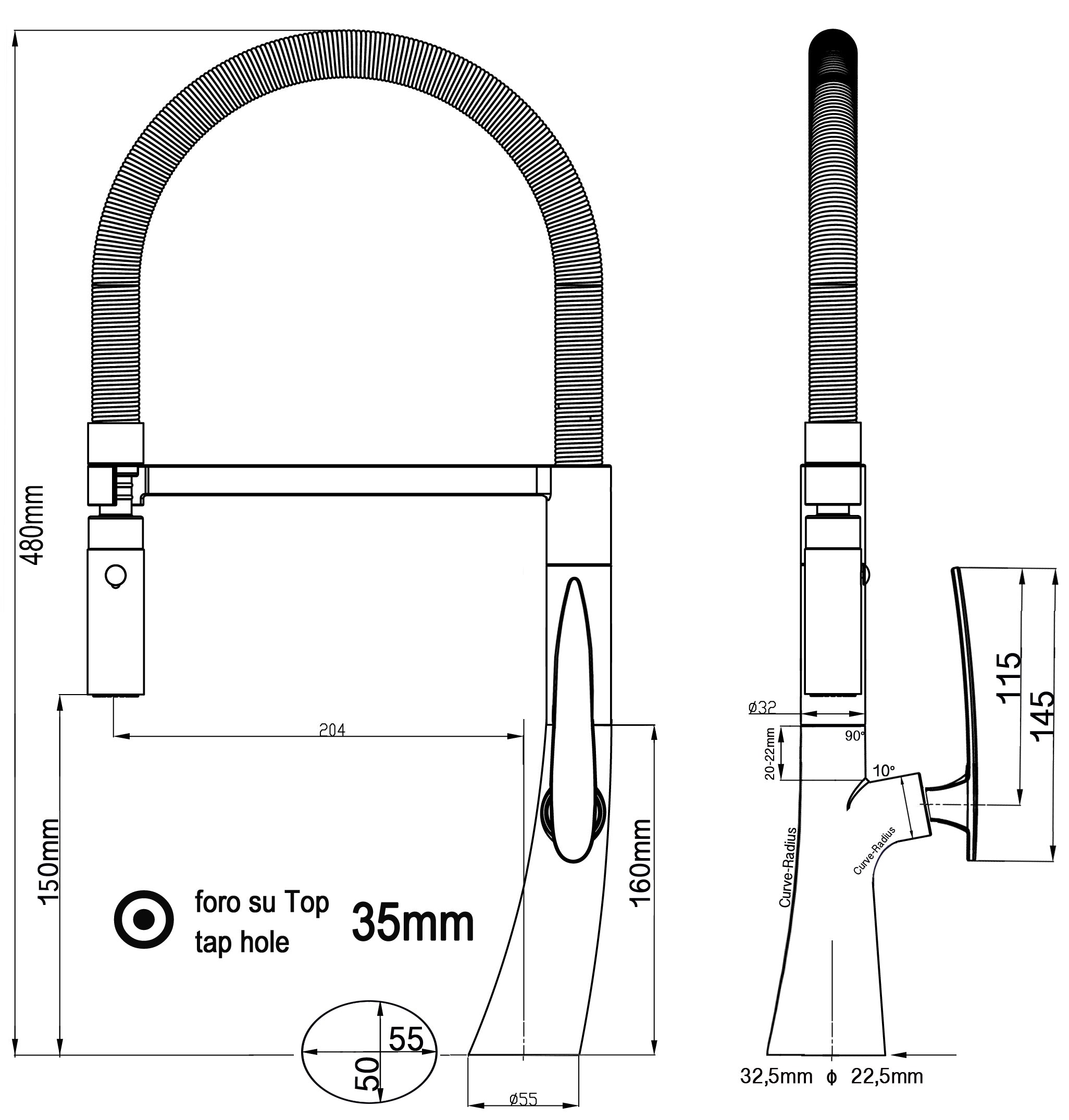 Kitchen Tap, Single lever, LEAF, with 360° swivel spout and 2-jets removable Spray, Chrome / Grey – Short Version 48CM