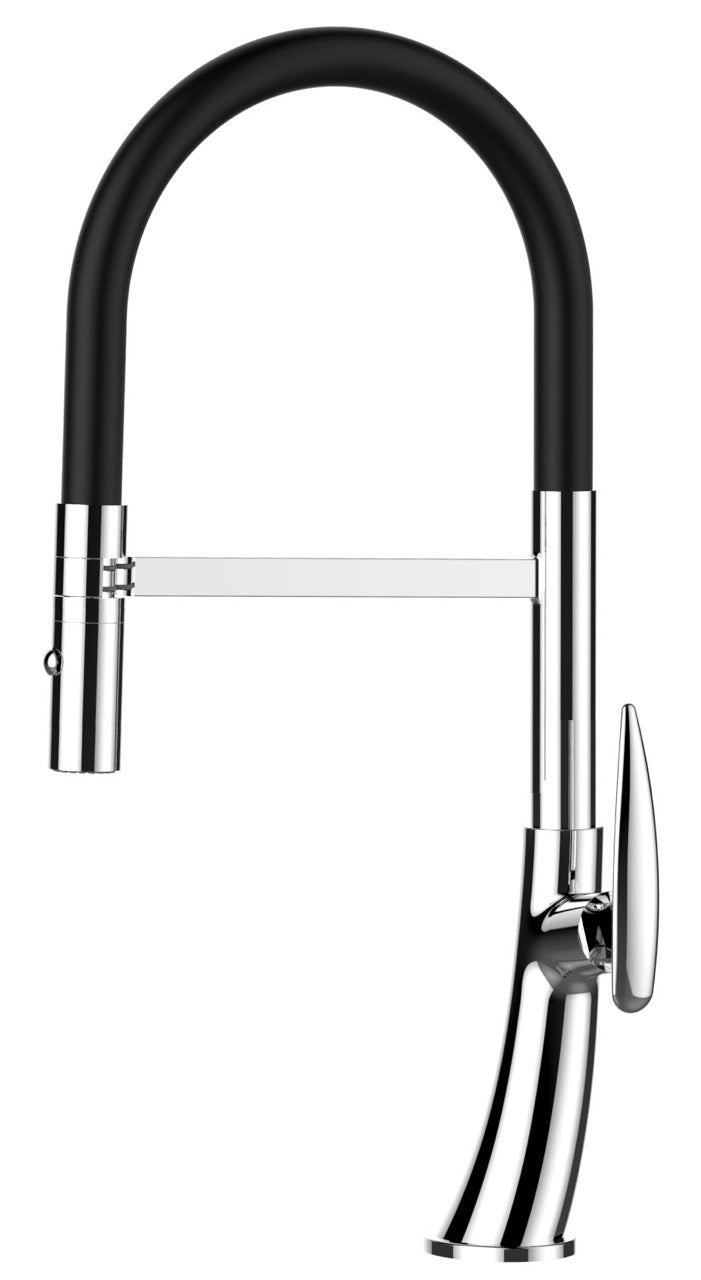 Kitchen Tap, Single lever, LEAF, with 360° swivel spout and 2-jets removable Spray, Chrome / Black – Short Version 48CM