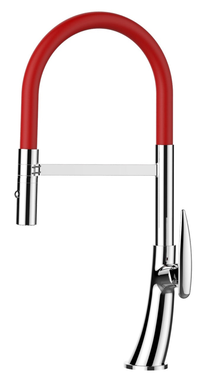 Kitchen Tap, Single lever, LEAF, with 360° swivel spout and 2-jets removable Spray, Chrome / Red – Short Version 48CM