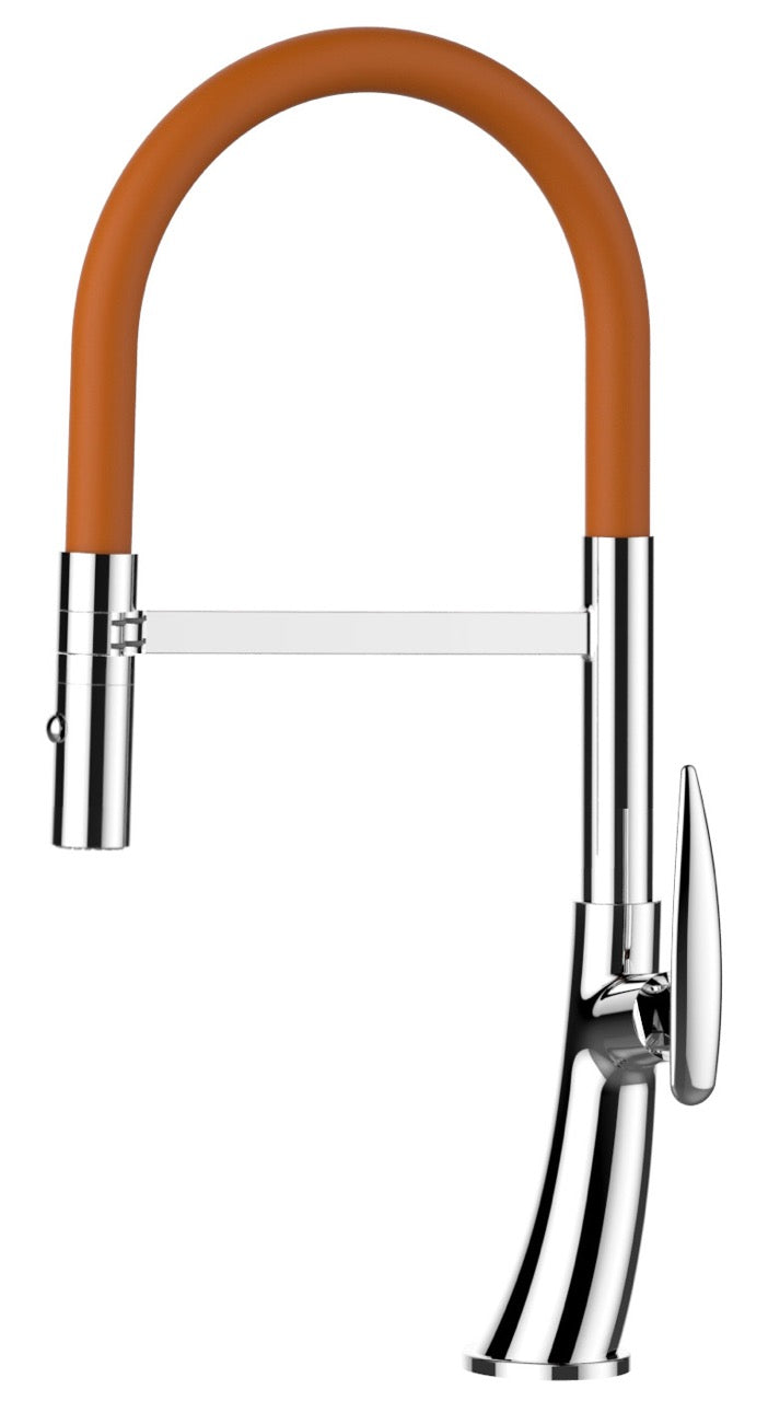 Kitchen Tap, Single lever, LEAF, with 360° swivel spout and 2-jets removable Spray, Chrome / Orange – Short Version 48CM
