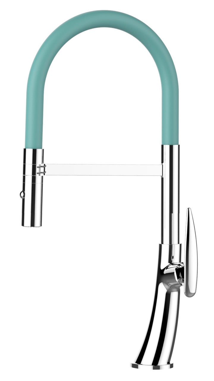 Kitchen Tap, Single lever, LEAF, with 360° swivel spout and 2-jets removable Spray, Chrome / Turquoise – Short Version 48CM