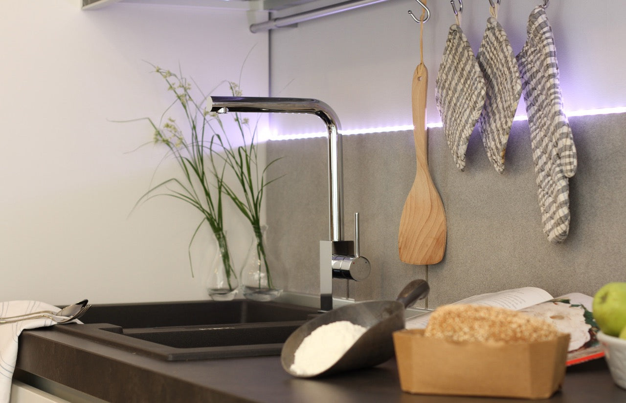 Kitchen Tap, Single lever, QU, with 360° swivel L-Spout, Chrome