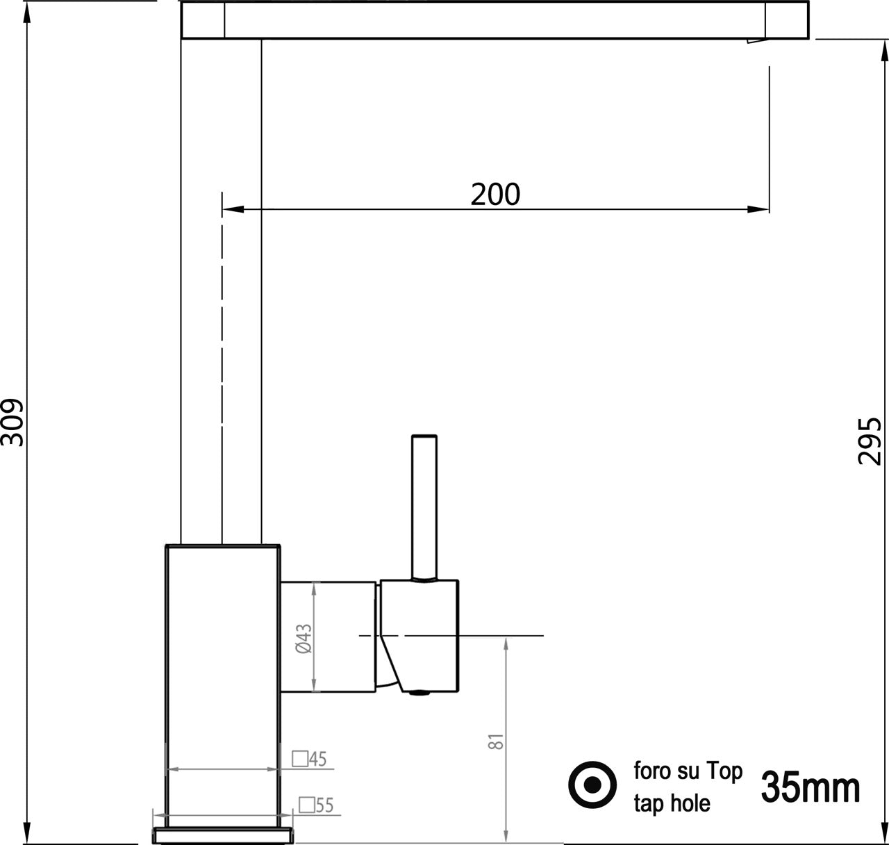 Rubinetto cucina monocomando, QU, canna ultra-piatta girevole a 360°, Cromato
