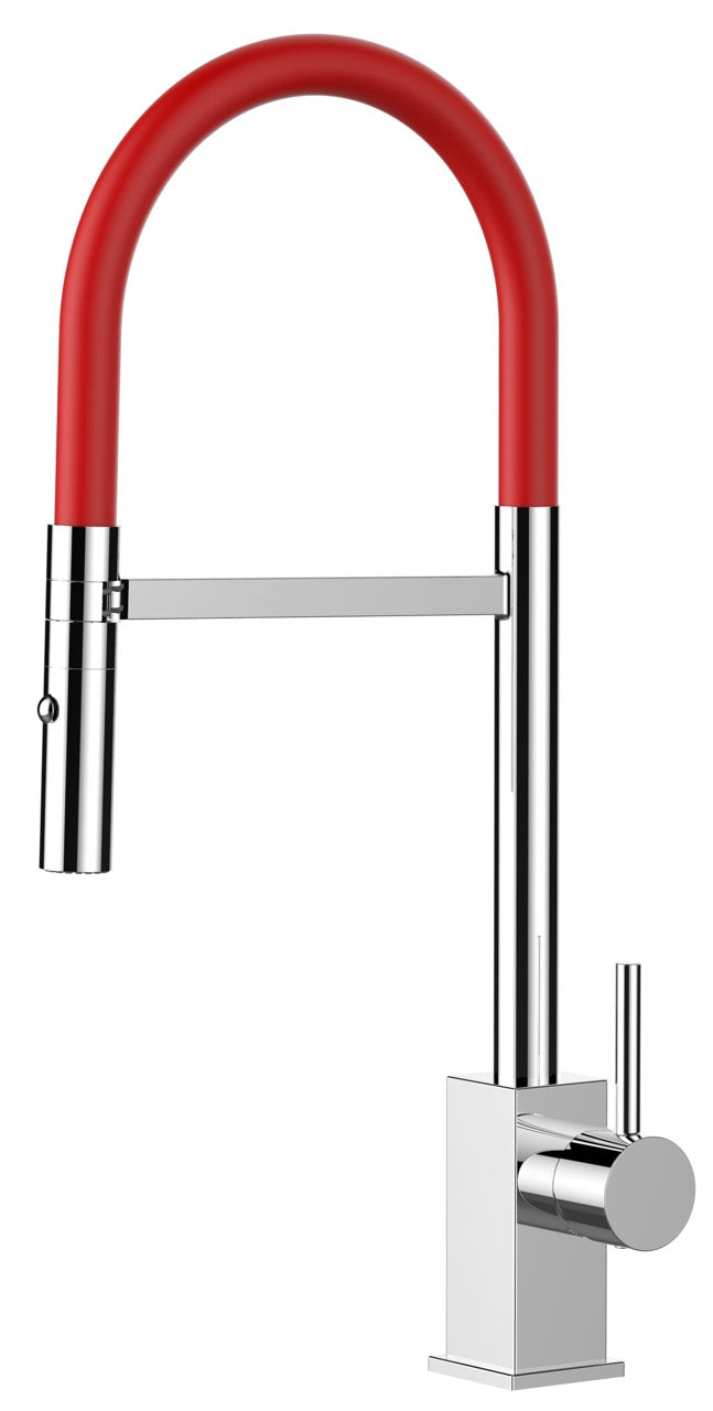 Kitchen Tap, Single lever, QU, with 360° swivel spout and 2-jets removable Spray, Chrome / Red