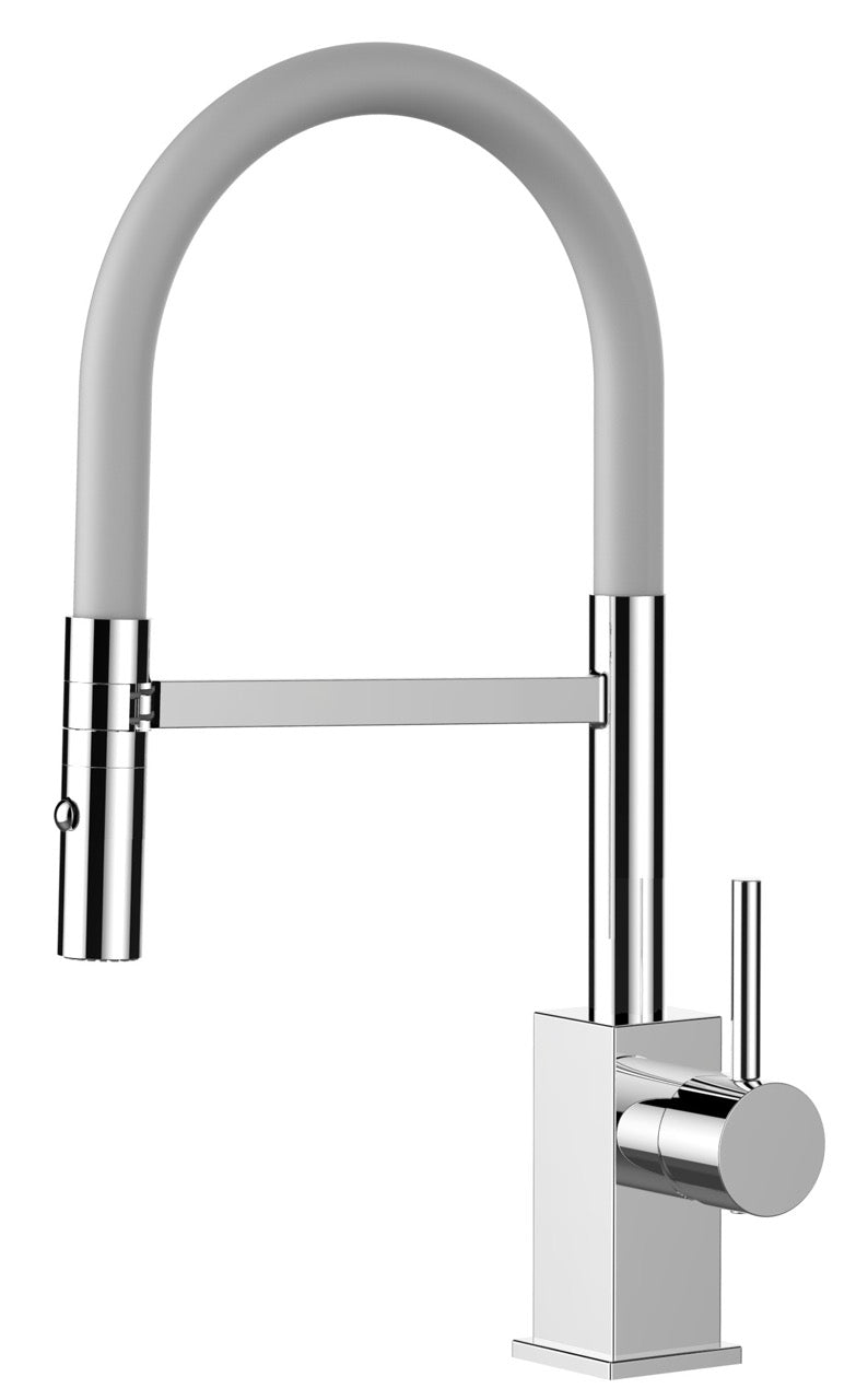 Kitchen Tap, Single lever, QU, with 360° swivel spout and 2-jets removable Spray, Chrome / White - Short Version 44CM