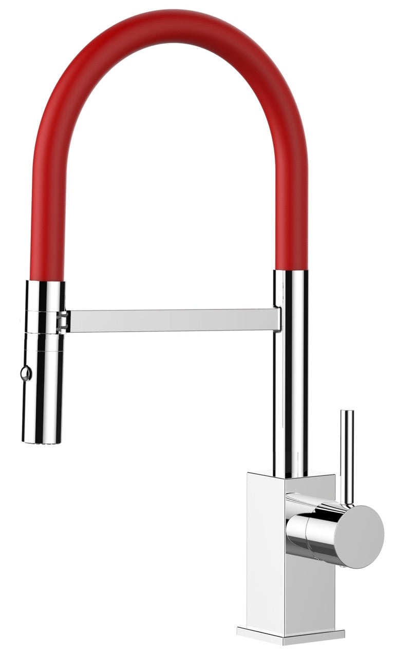Kitchen Tap, Single lever, QU, with 360° swivel spout and 2-jets removable Spray, Chrome / Red - Short Version 44CM