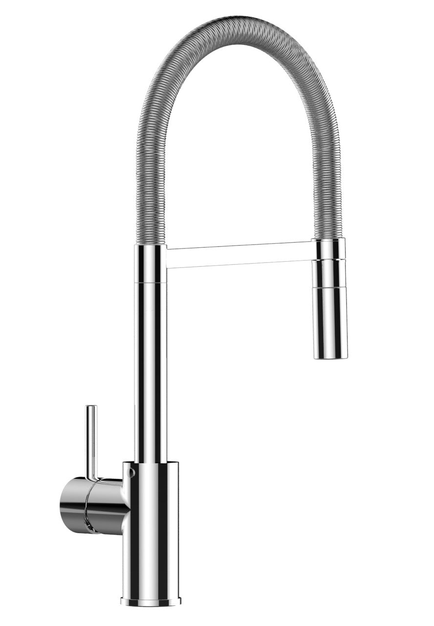 Robinet de cuisine monocommande, petit modèle, avec bec pivotant à 360° et douchette amovible à 2 jets, chromé