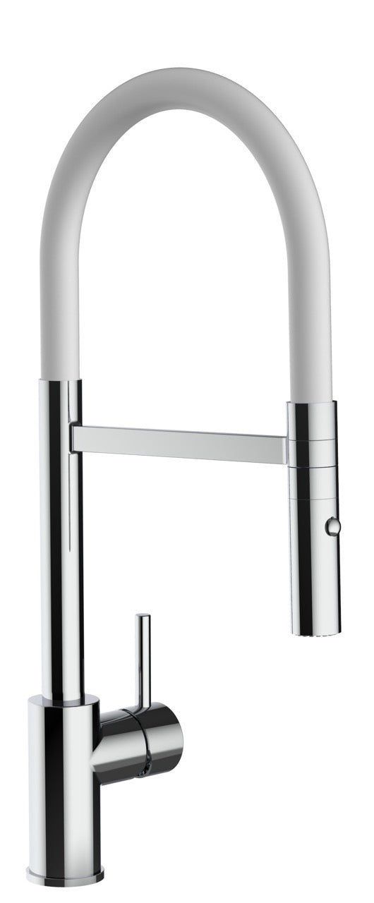 Robinet de cuisine monocommande, petit modèle, avec bec pivotant à 360° et douchette amovible à 2 jets, chromé/blanc - Version courte 43 cm