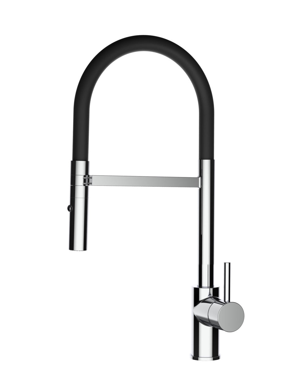 Kitchen Tap, Single lever, SM, with 360° swivel spout and 2-jets removable Spray, Chrome / Black - Short Version 43CM