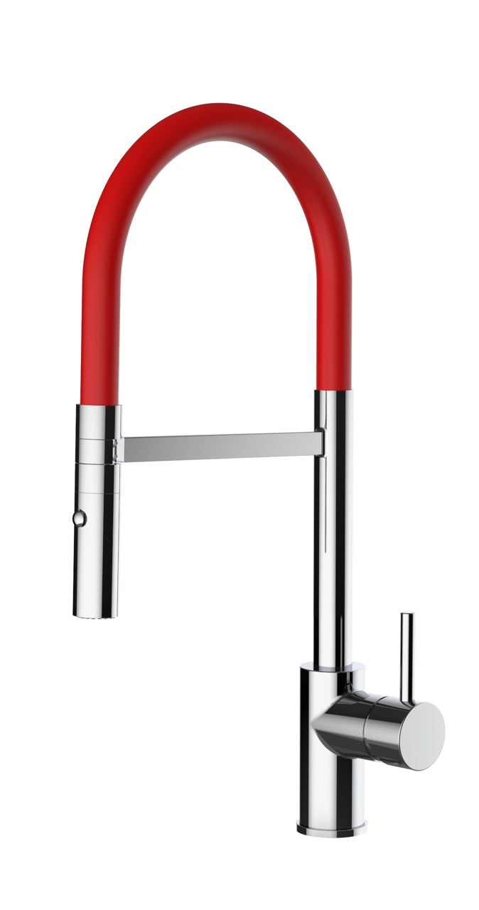 Kitchen Tap, Single lever, SM, with 360° swivel spout and 2-jets removable Spray, Chrome / Red - Short Version 43CM