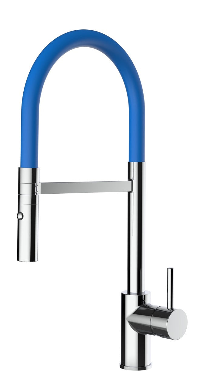 Kitchen Tap, Single lever, SM, with 360° swivel spout and 2-jets removable Spray, Chrome / Blue - Short Version 43CM