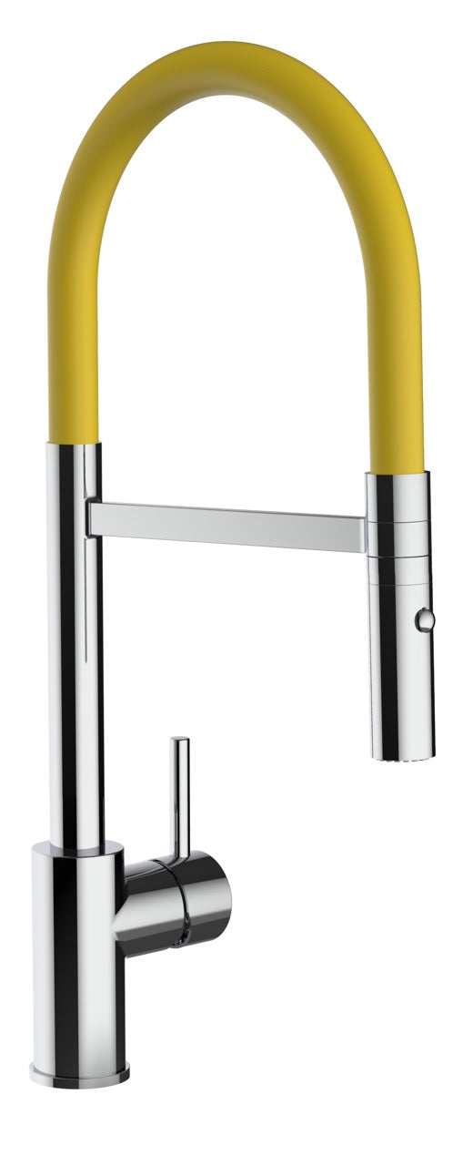 Kitchen Tap, Single lever, SM, with 360° swivel spout and 2-jets removable Spray, Chrome / Yellow - Short Version 43CM