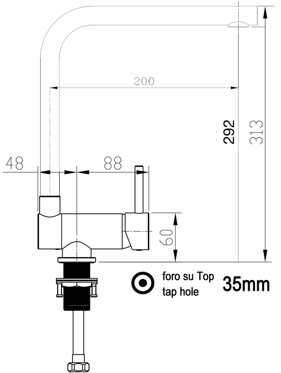 Under Window Kitchen Tap, folding spout to reach 6 cm, with 360° swivel L-Spout, Chrome