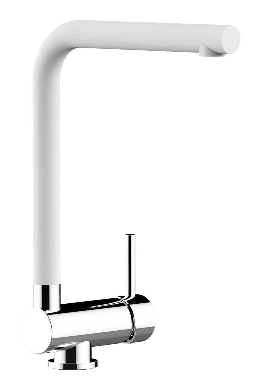 Under Window Kitchen Tap, folding spout to reach 6 cm, with 360° swivel L-Spout, Chrome / White Quartz