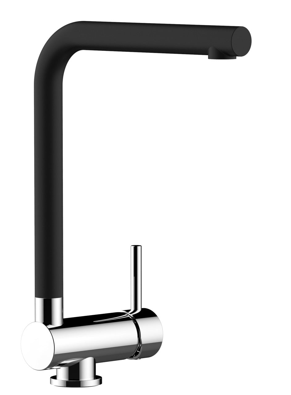 Under Window Kitchen Tap, folding spout to reach 6 cm, with 360° swivel L-Spout, Chrome / Black Quartz