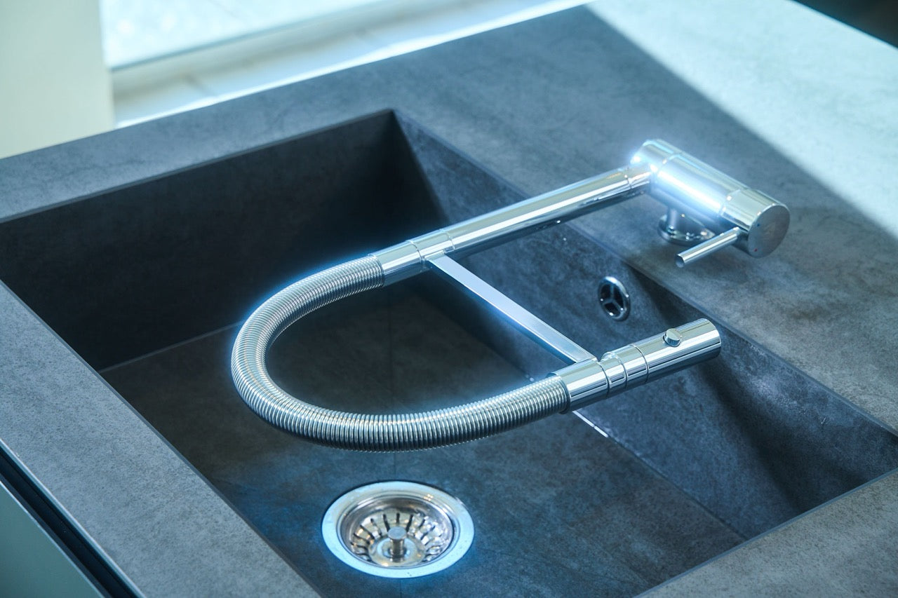 Under Window Kitchen Tap, folding spout to reach 6 cm, with 360° swivel spout and 2-jets removable Spray, Chrome