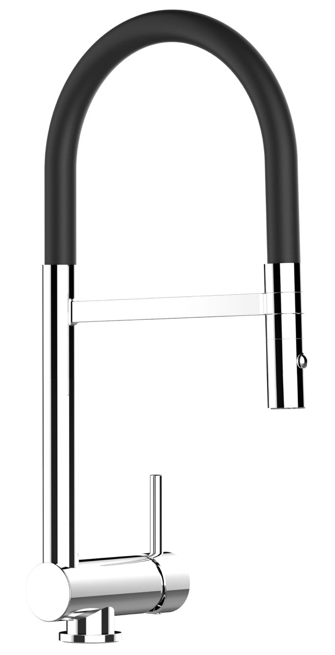 Under Window Kitchen Tap, folding spout to reach 6 cm, with 360° swivel spout and 2-jets removable Spray, Chrome / Black
