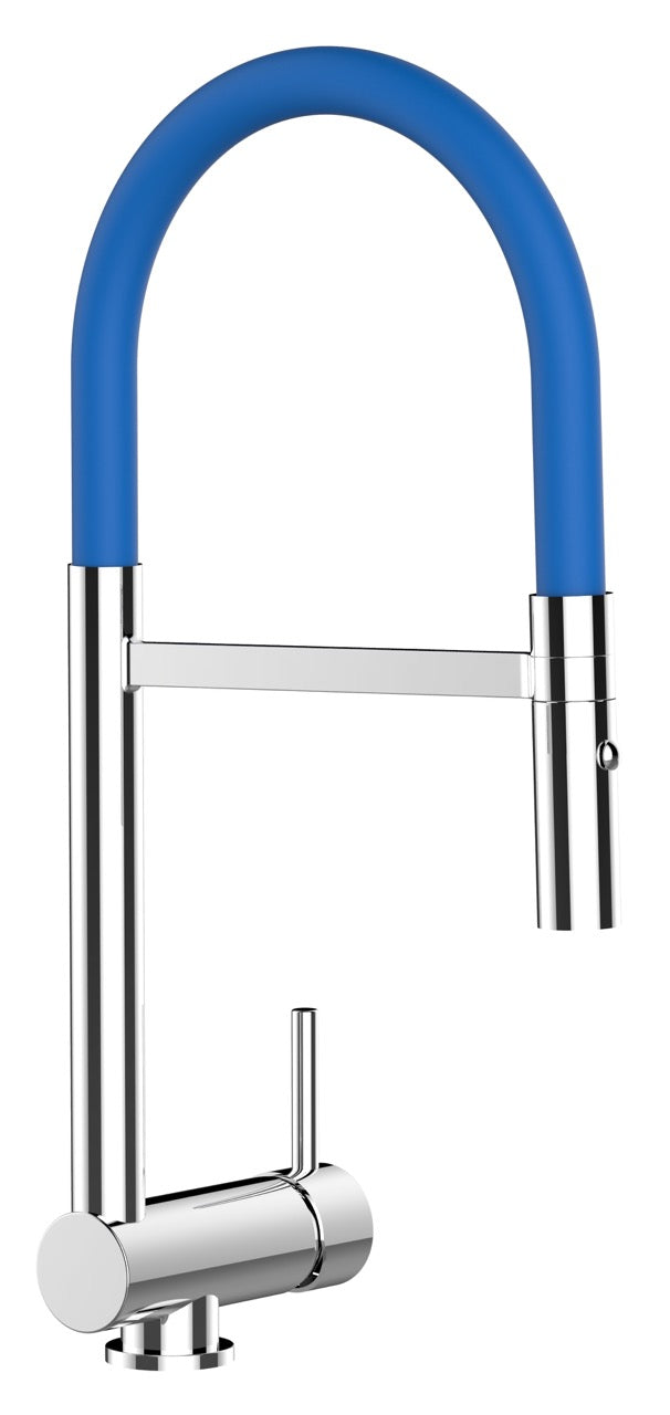 Under Window Kitchen Tap, folding spout to reach 6 cm, with 360° swivel spout and 2-jets removable Spray, Chrome / Blue