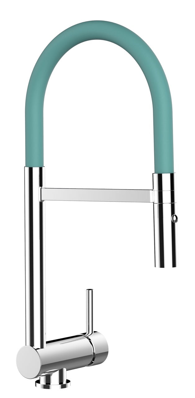 Under Window Kitchen Tap, folding spout to reach 6 cm, with 360° swivel spout and 2-jets removable Spray, Chrome / Turquoise