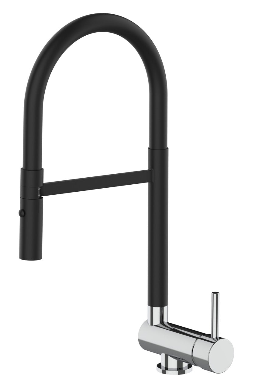 Under Window Kitchen Tap, folding spout to reach 6 cm, with 360° swivel spout and 2-jets removable Spray, Matte Black / Chrome