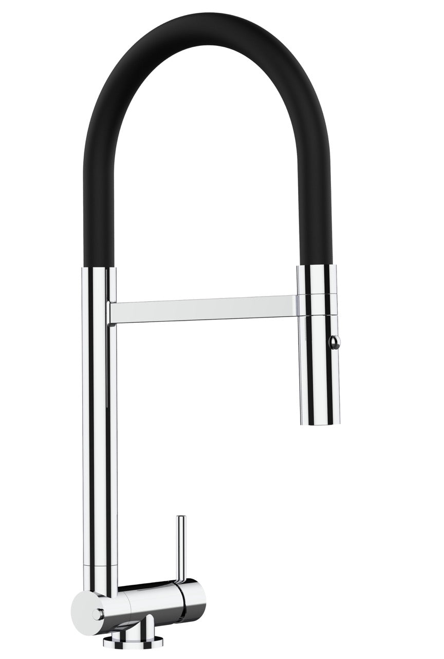 Under Window Kitchen Tap, folding spout to reach 4,5 cm, with 360° swivel spout and 2-jets removable Spray, Chrome / Black