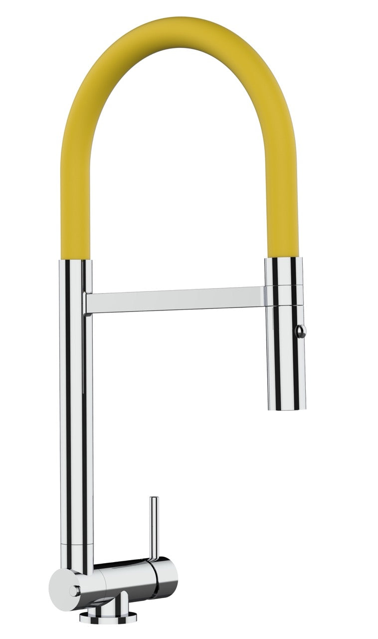 Under Window Kitchen Tap, folding spout to reach 4,5 cm, with 360° swivel spout and 2-jets removable Spray, Chrome / Yellow