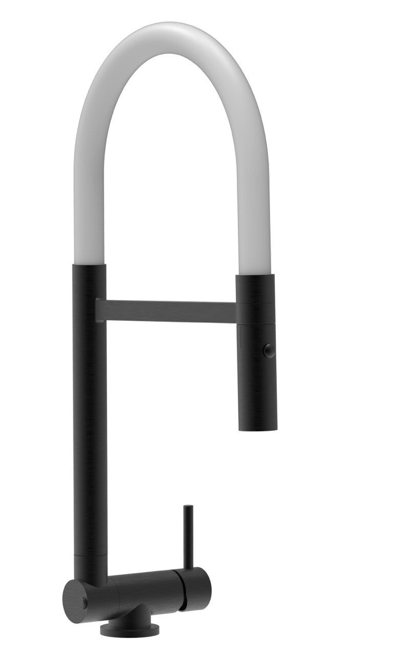Under Window Kitchen Tap, folding spout to reach 4,5 cm, with 360° swivel spout and 2-jets removable Spray, Matte Black / White