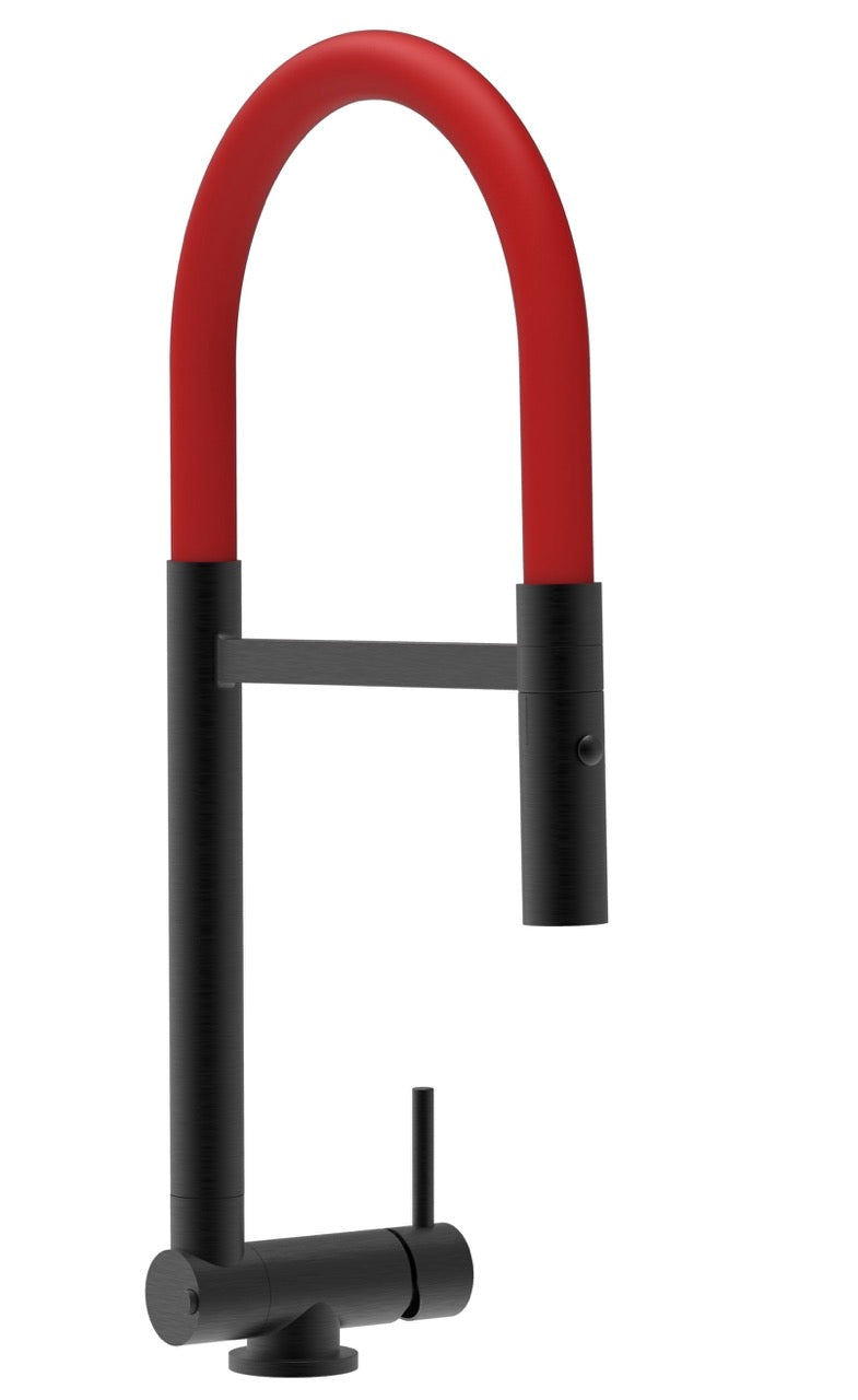 Under Window Kitchen Tap, folding spout to reach 4,5 cm, with 360° swivel spout and 2-jets removable Spray, Matte Black / Red