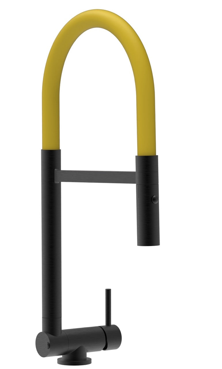 Under Window Kitchen Tap, folding spout to reach 4,5 cm, with 360° swivel spout and 2-jets removable Spray, Matte Black / Yellow